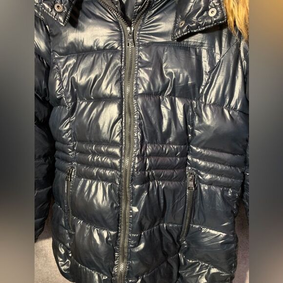 Madden Girl Shinny Puffer Jacket Women Navy Fur Hooded Winter Coat Size Medium - Picture 2 of 8